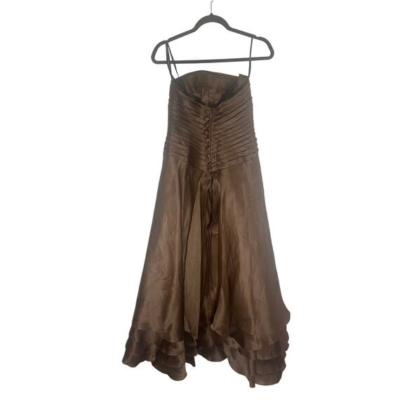 Women's Brown Silk Strapless A-Line Dress Size 6 Elegant Formal Gown Layered Hem - Picture 5 of 12